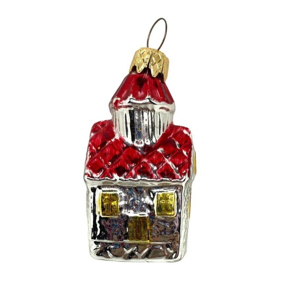 Vintage Glass Christmas House Ornament Red Roof Silver Walls Gold Windows - Picture 1 of 5